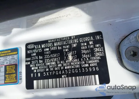 2016 Kia Sorento 3.3L Lx from USA, damaged, VIN 5XYPG4A52GG135996